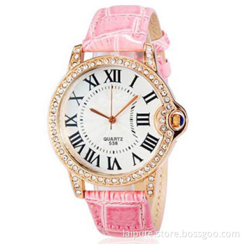 Women's Crystal Decorated Bezel, Roman Number Design Quartz Watch with Faux Leather Strap, Pink